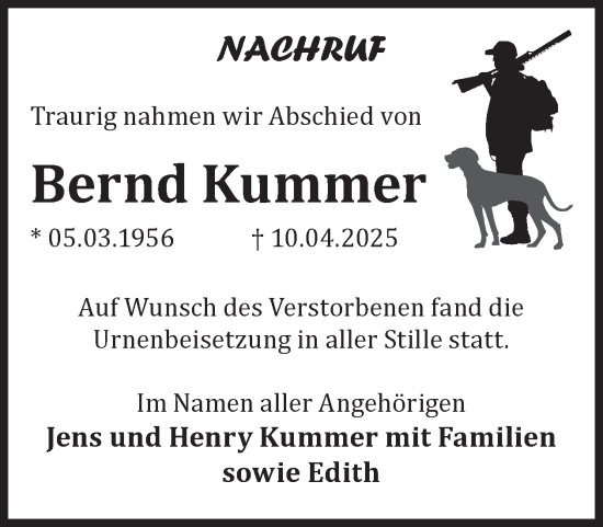 Traueranzeige von Bernd Kummer von WochenKurier