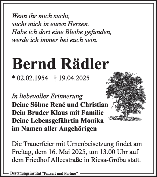 Traueranzeige von Bernd Rädler von WochenKurier