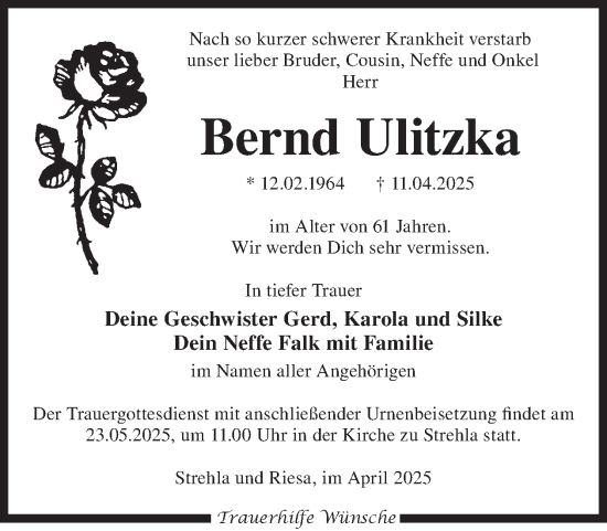 Traueranzeige von Bernd Ulitzka von WochenKurier