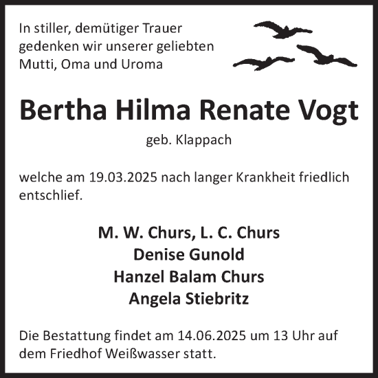 Traueranzeige von Bertha Hilma Renate Vogt von WochenKurier