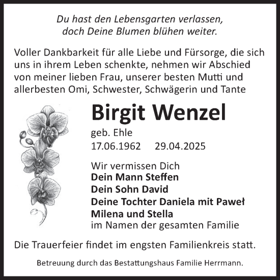 Traueranzeige von Birgit Wenzel von WochenKurier