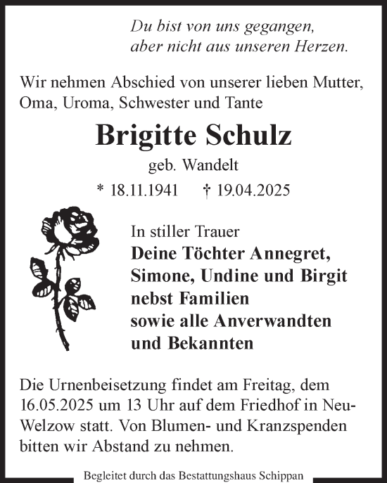 Traueranzeige von Brigitte Schulz von WochenKurier