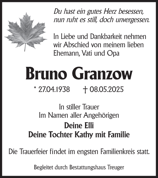 Traueranzeige von Bruno Granzow von WochenKurier