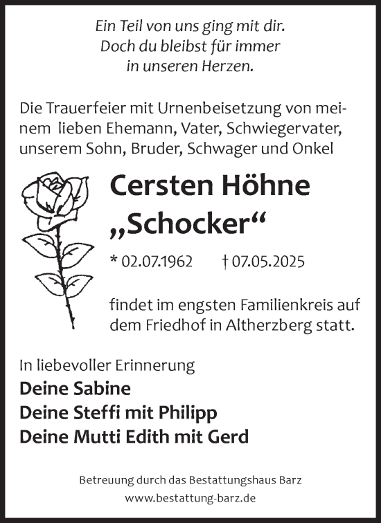 Traueranzeige von Cersten Höhne von WochenKurier