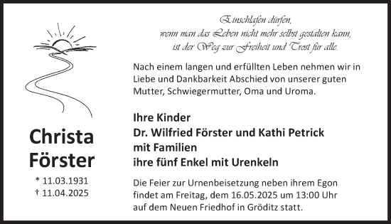 Traueranzeige von Christa Förster von WochenKurier