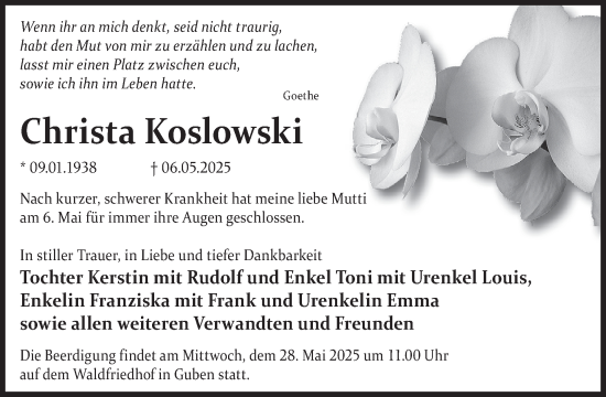 Traueranzeige von Christa Koslowski von WochenKurier