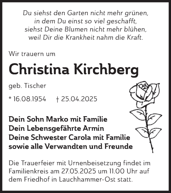 Traueranzeige von Christina Kirchberg von WochenKurier