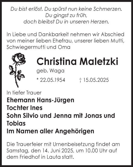 Traueranzeige von Christina Maletzki von WochenKurier