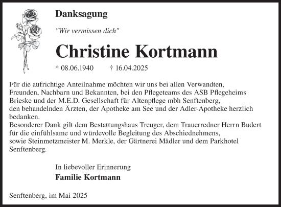Traueranzeige von Christine Kortmann von WochenKurier