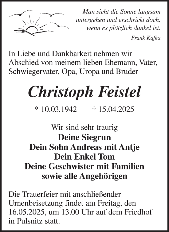 Traueranzeige von Christoph Feistel von WochenKurier