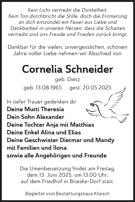 Traueranzeige von Cornelia Schneider von WochenKurier