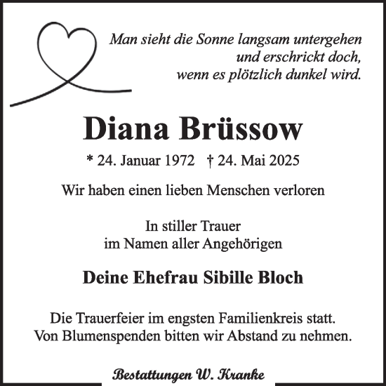 Traueranzeige von Diana Brüssow von WochenKurier