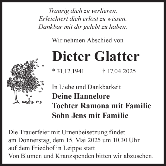 Traueranzeige von Dieter Glatter von WochenKurier