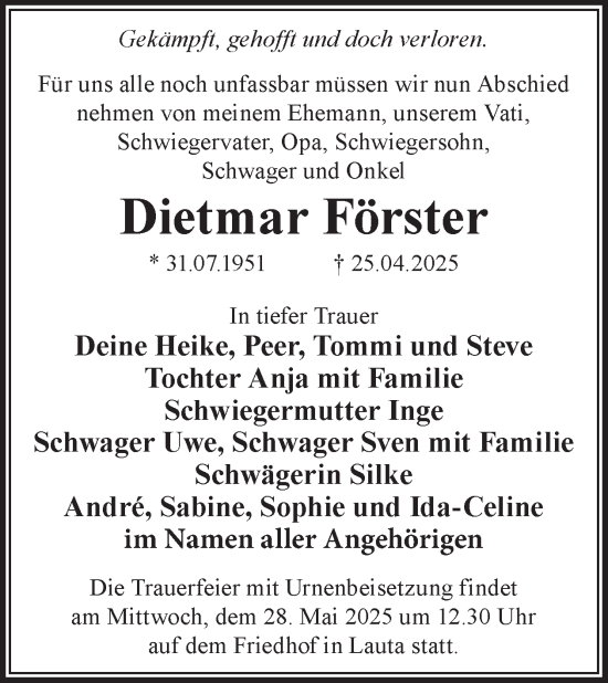 Traueranzeige von Dietmar Förster von WochenKurier