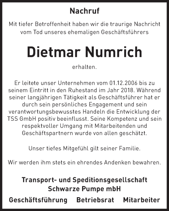 Traueranzeige von Dietmar Numrich von WochenKurier