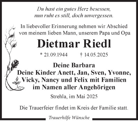 Traueranzeige von Dietmar Riedl von WochenKurier