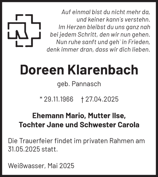 Traueranzeige von Doreen Klarenbach von WochenKurier