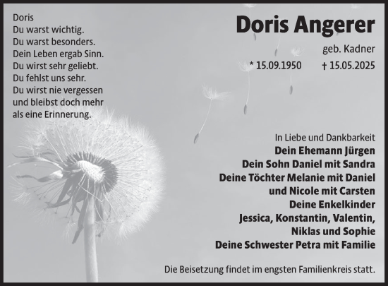 Traueranzeige von Doris Angerer von WochenKurier