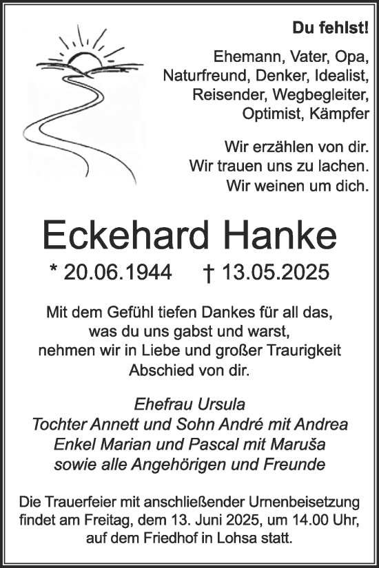 Traueranzeige von Eckehard Hanke von WochenKurier
