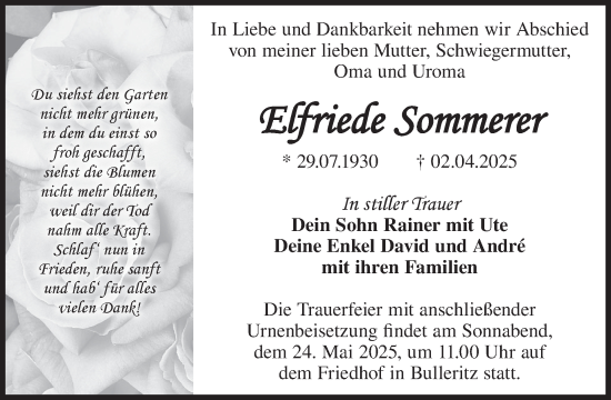 Traueranzeige von Elfriede Sommerer von WochenKurier