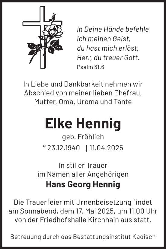 Traueranzeige von Elke Hennig von WochenKurier