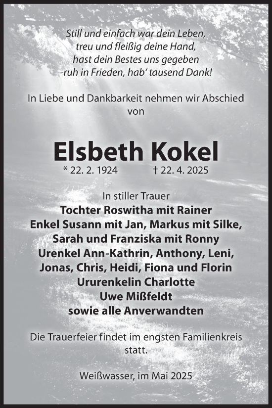 Traueranzeige von Elsbeth Kokel von WochenKurier