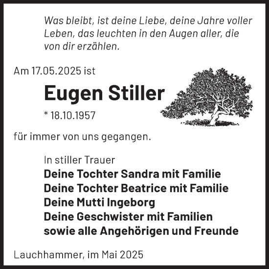 Traueranzeige von Eugen Stiller von WochenKurier