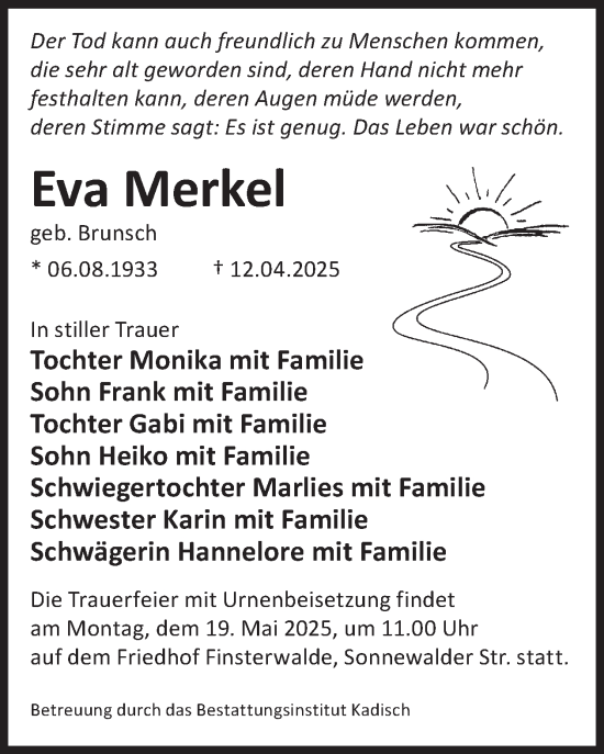 Traueranzeige von Eva Merkel von WochenKurier