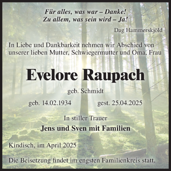 Traueranzeige von Evelore Raupach von WochenKurier