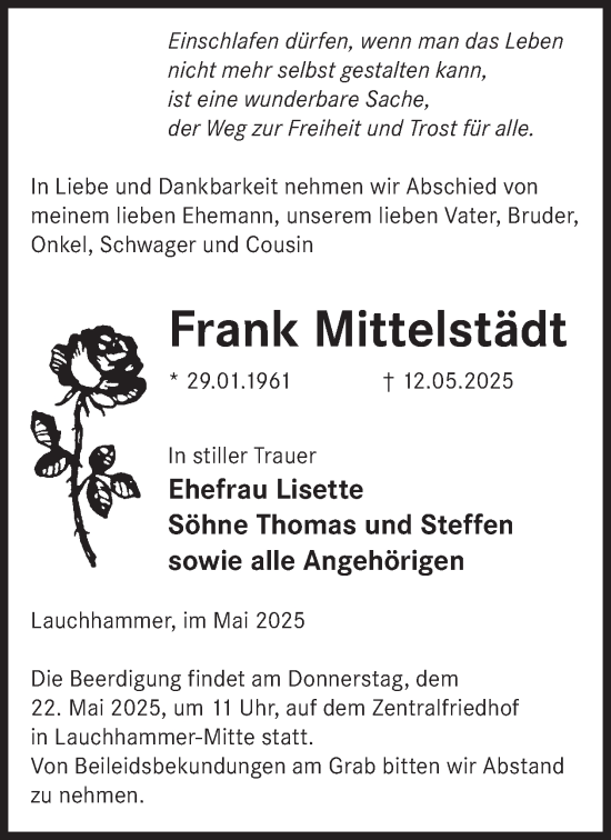Traueranzeige von Frank Mittelstädt von WochenKurier