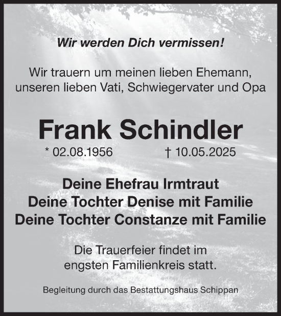 Traueranzeige von Frank Schindler von WochenKurier