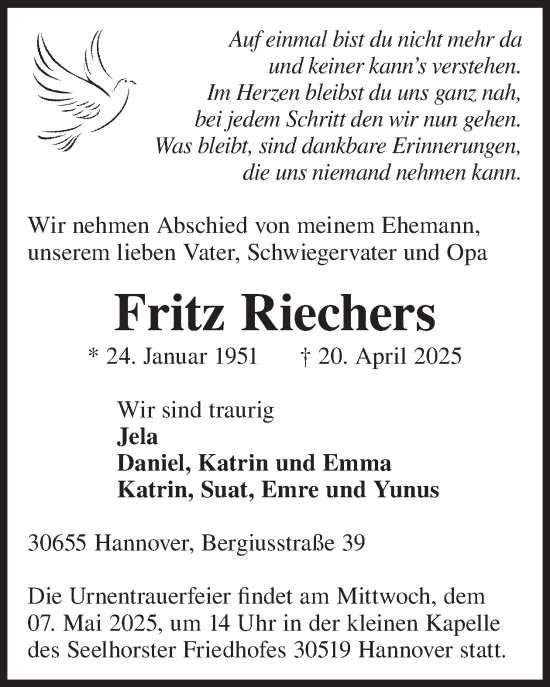 Traueranzeige von Fritz Riechers von WochenKurier
