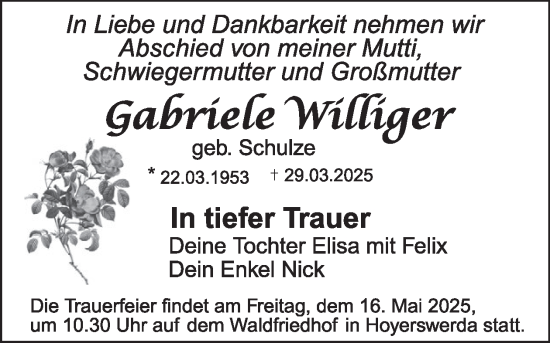 Traueranzeige von Gabriele Williger von WochenKurier