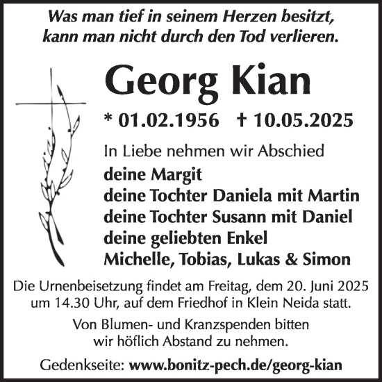 Traueranzeige von Georg Kian von WochenKurier