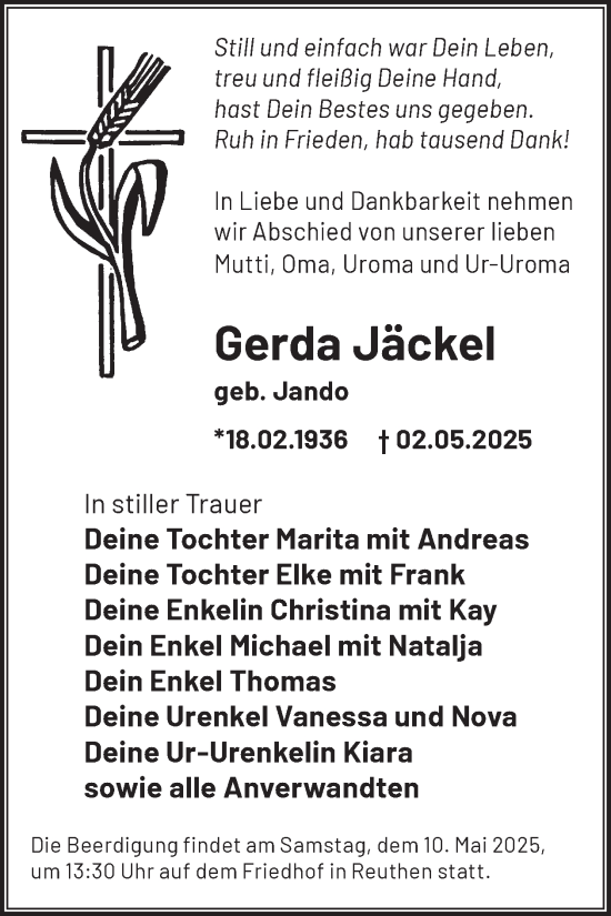 Traueranzeige von Gerda Jäckel von WochenKurier