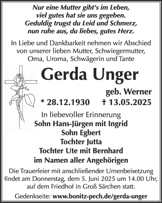 Traueranzeige von Gerda Unger von WochenKurier