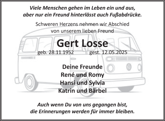 Traueranzeige von Gert Losse von WochenKurier