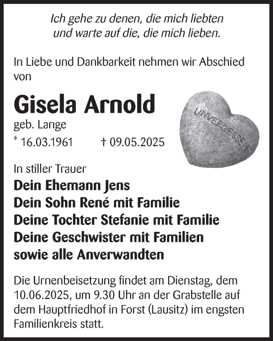 Traueranzeige von Gisela Arnold von WochenKurier