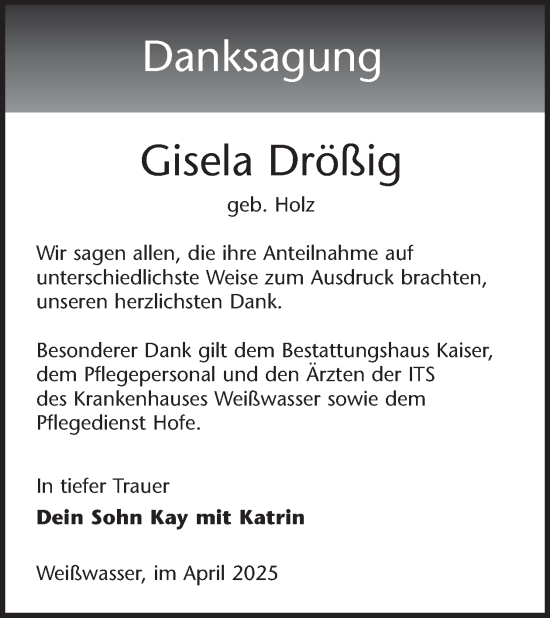 Traueranzeige von Gisela Drößig von WochenKurier