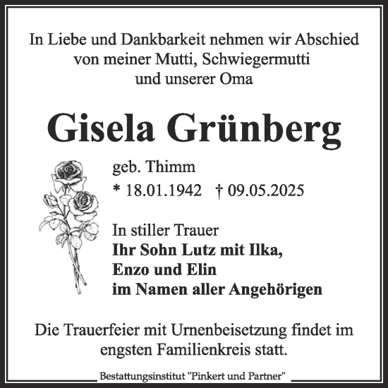 Traueranzeige von Gisela Grünberg von WochenKurier