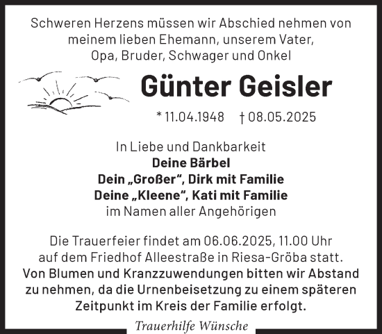 Traueranzeige von Günter Geisler von WochenKurier
