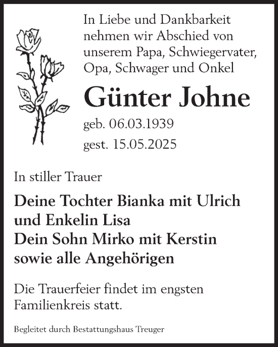 Traueranzeige von Günter Johne von WochenKurier