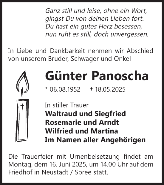 Traueranzeige von Günter Panoscha von WochenKurier