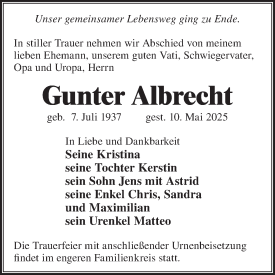 Traueranzeige von Gunter Albrecht von WochenKurier