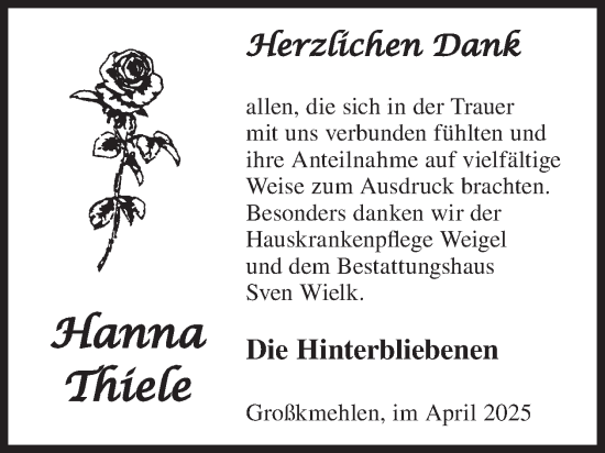 Traueranzeige von Hanna Thiele von WochenKurier