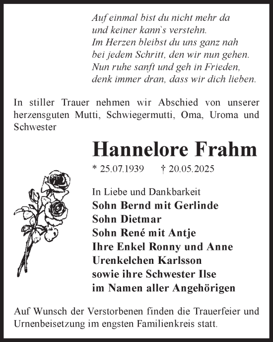Traueranzeige von Hannelore Frahm von WochenKurier
