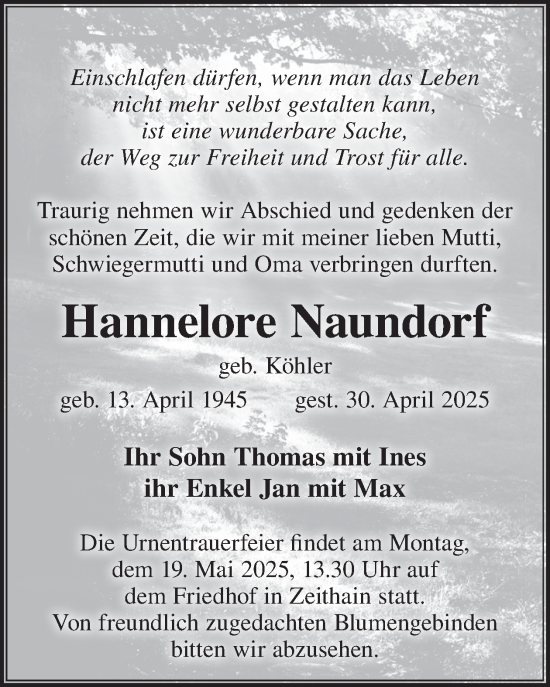Traueranzeige von Hannelore Naundorf von WochenKurier