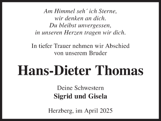 Traueranzeige von Hans-Dieter Thomas von WochenKurier