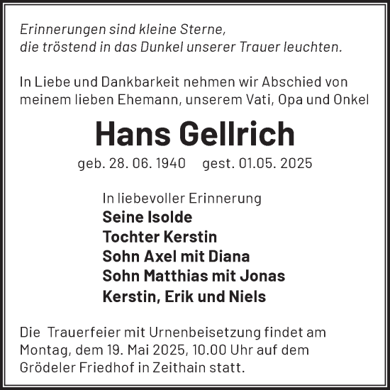 Traueranzeige von Hans Gellrich von WochenKurier