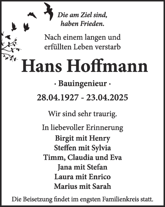 Traueranzeige von Hans Hoffmann von WochenKurier